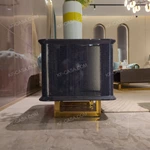 Deep Blue High-Gloss Wood SideTable with Gold Stainless Steel Base & Concealed Storage